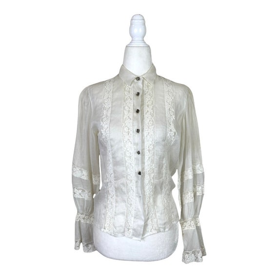 40’s Sheer White Lace Blouse with Rhinestone Butt… - image 3