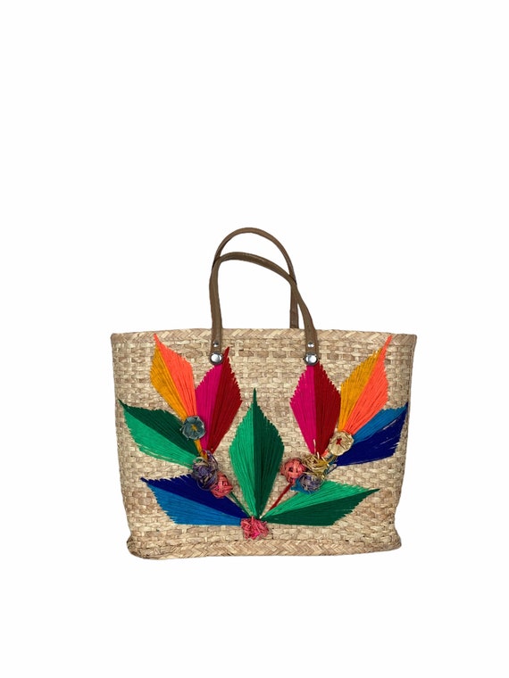 Mexican Embroidered Straw Tote Bag - image 2
