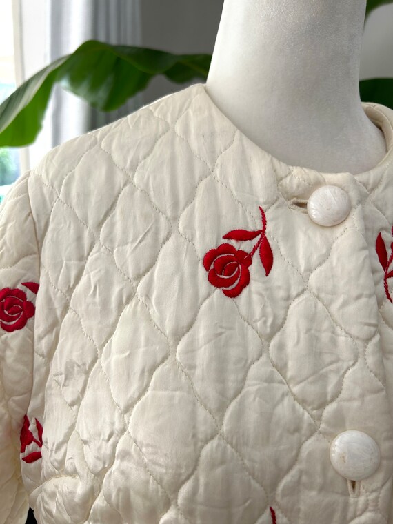 Rose Print Ivory Satin Quilted Coat - image 3