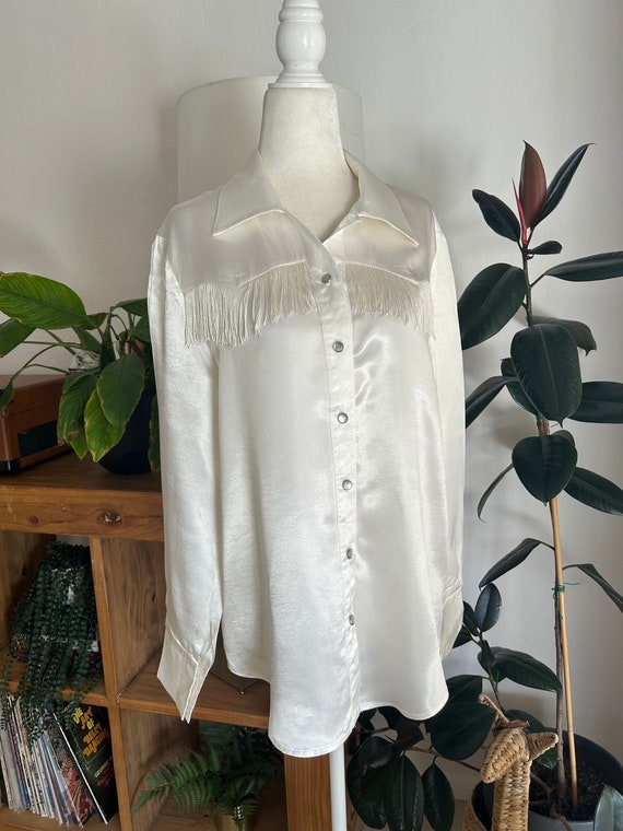 Fringe Trim Satin Tunic Blouse