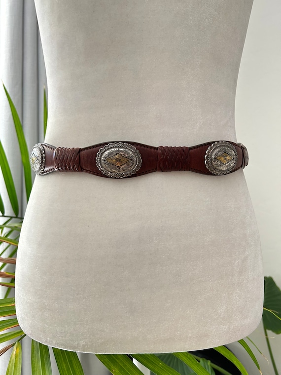 Vintage Brown Leather Conch Belt - image 3