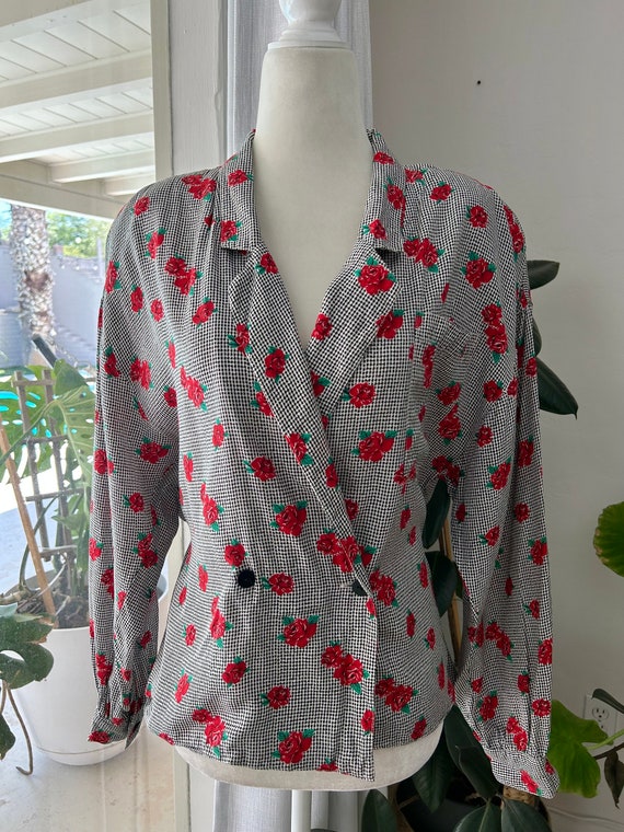 Houndstooth Rose Print Wrap Blouse - image 2