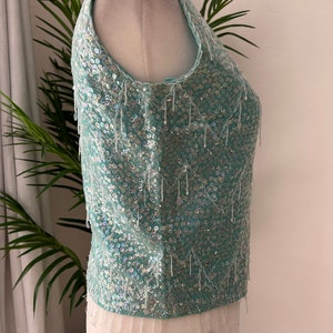 50's Blue Beaded Sequin Knit Shell image 3