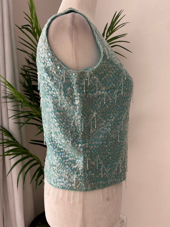 50's Blue Beaded Sequin Knit Shell - image 3