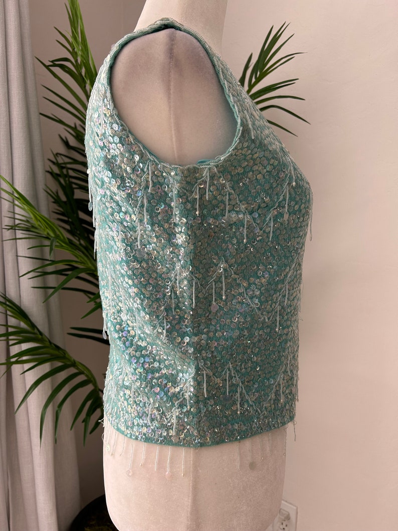 50's Blue Beaded Sequin Knit Shell image 3