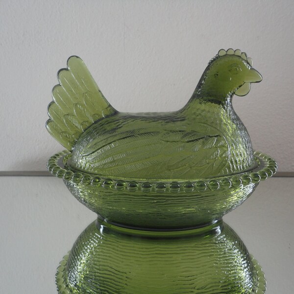 Antique Green Depression Glass Hen Chicken Rooster Candy Dish