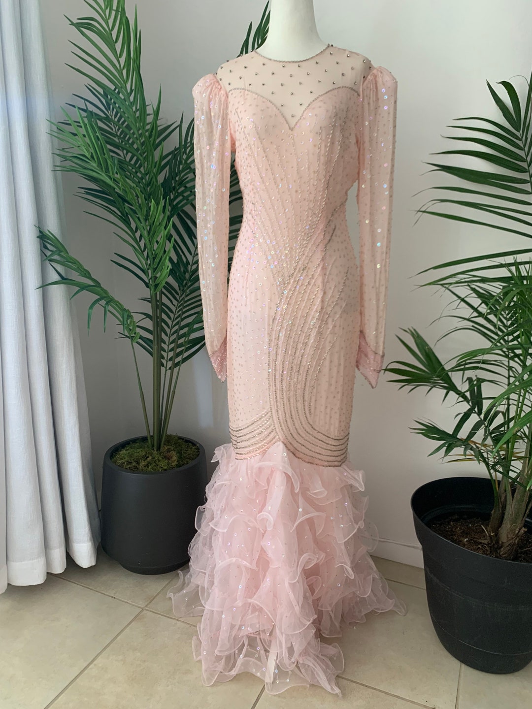 Baby Pink Long Sleeve Silk Sequin Gown Etsy