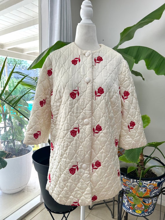 Rose Print Ivory Satin Quilted Coat