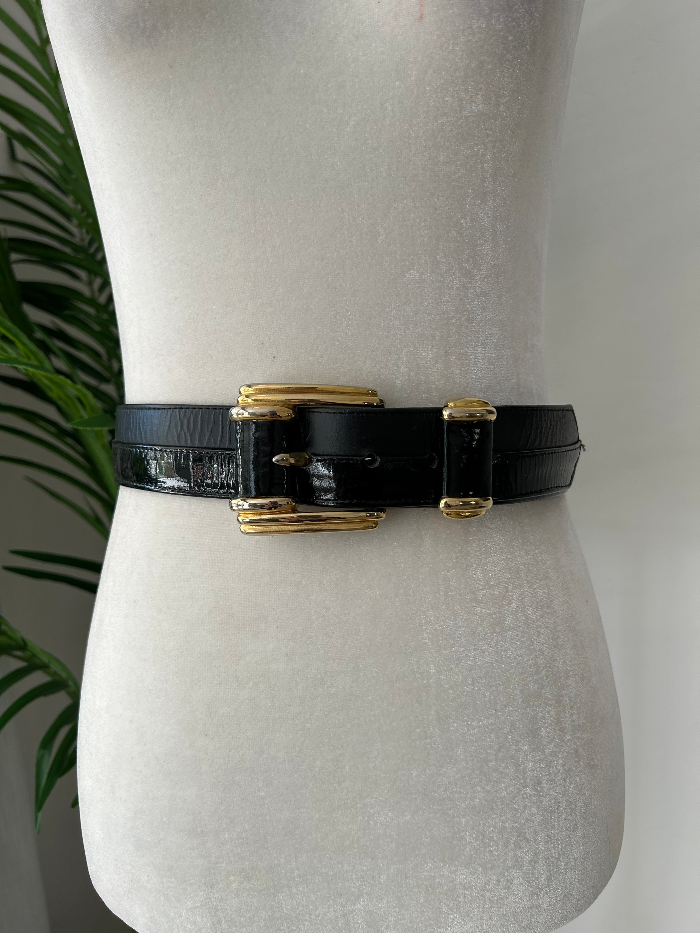 MCM Black Patent Leather Belt With Gold Buckle Etsy UK