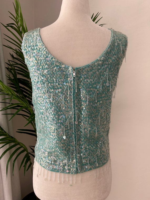 50's Blue Beaded Sequin Knit Shell - image 4