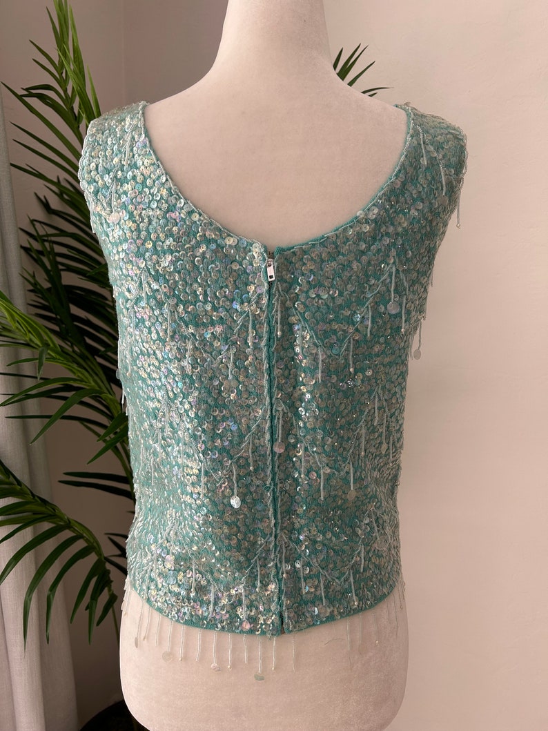 50's Blue Beaded Sequin Knit Shell image 4