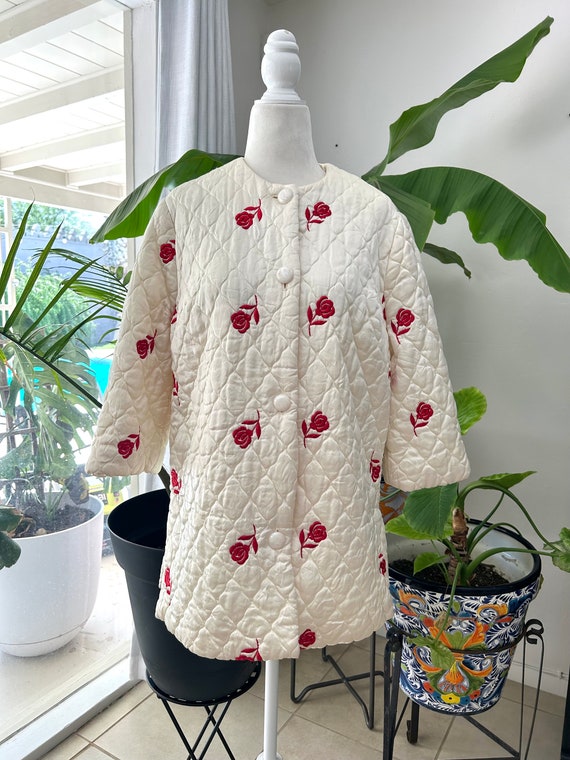 Rose Print Ivory Satin Quilted Coat - image 2