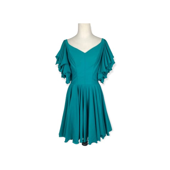 Vintage Teal Fit and Flare Ruffle Sleeve Dress - image 1