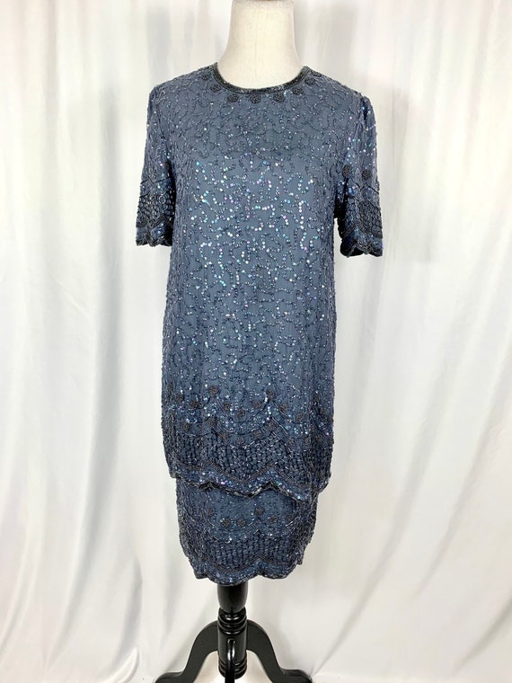 Vintage Blue Silk Sequin Cocktail Dress