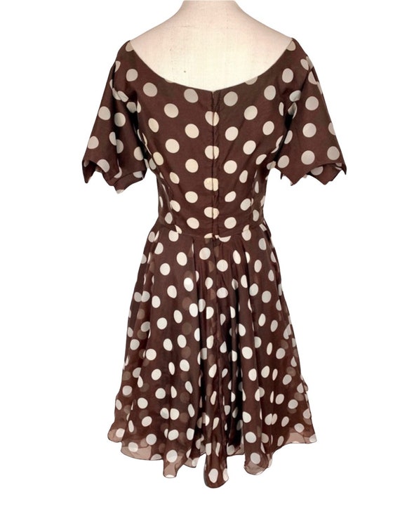 60's Bat Wing Brown Polka Dot Fit and Flare Dress - image 5