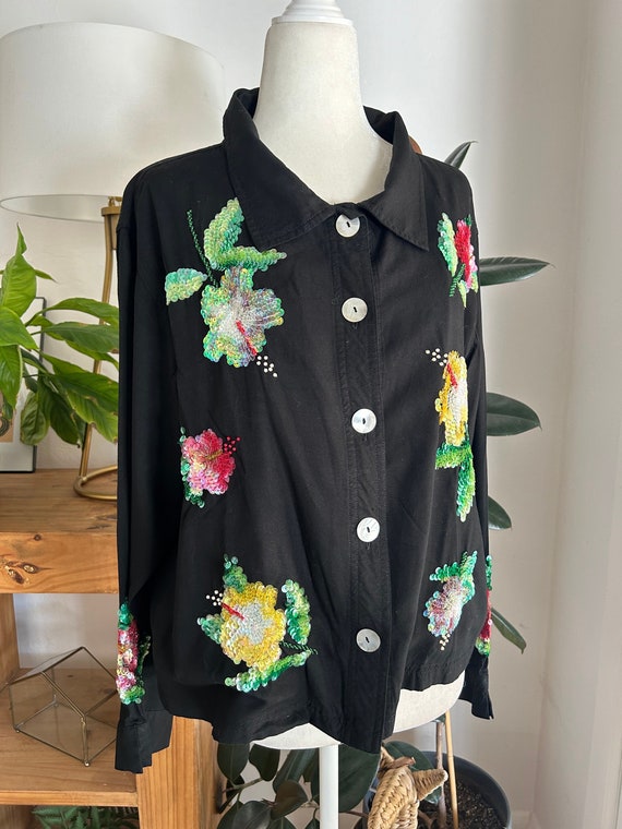 90's Black Blouse with Sequin Flowers