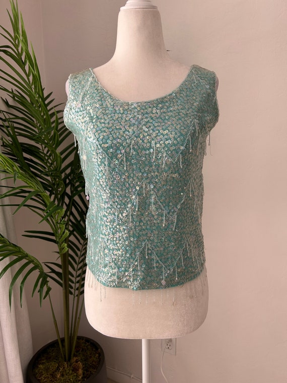 50's Blue Beaded Sequin Knit Shell - image 1