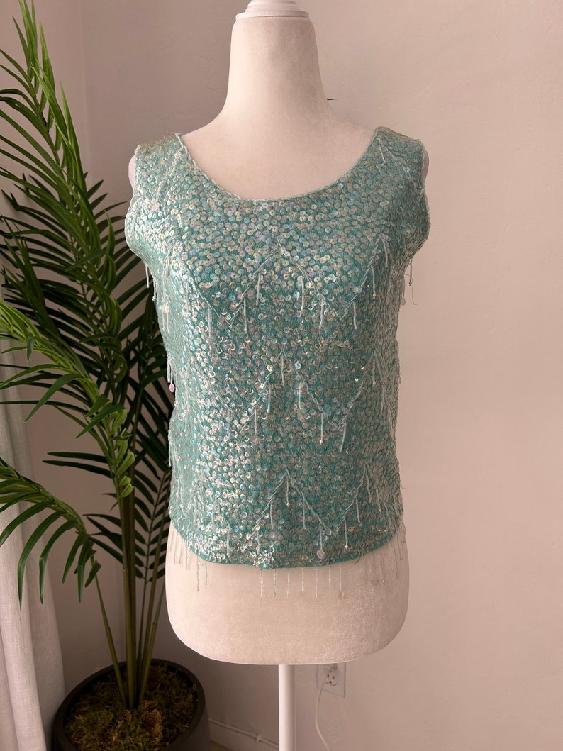 50's Blue Beaded Sequin Knit Shell image 1