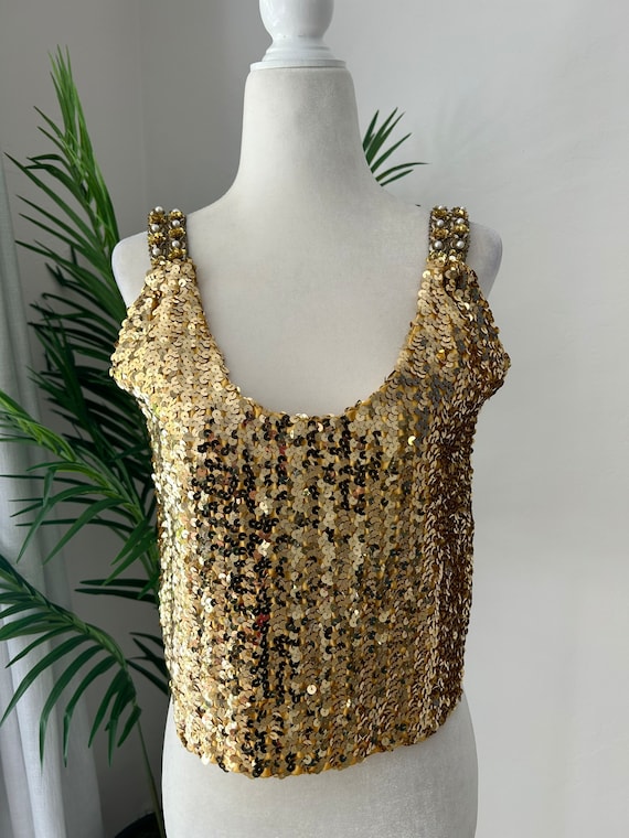 Vintage Gold Sequin Cropped Sleeveless Top - image 1