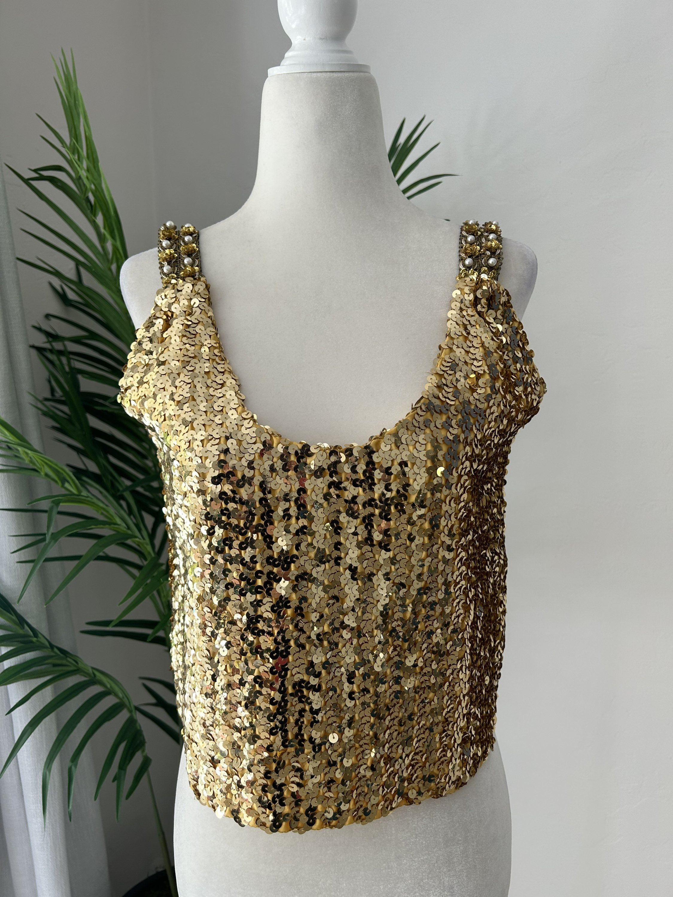 1pc Ladies' Gold Sequin Decor Metallic Halter Neck Sexy Lingerie