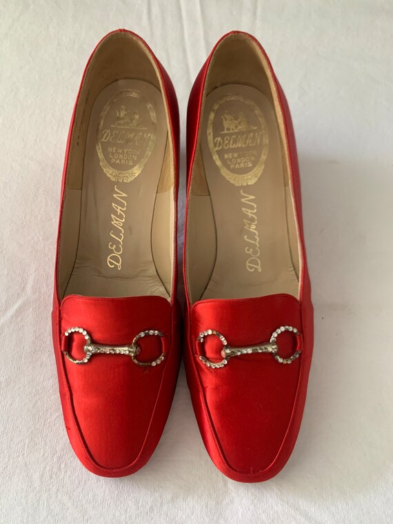 60's Delman Red Silk Satin Heels 6.5B - image 3