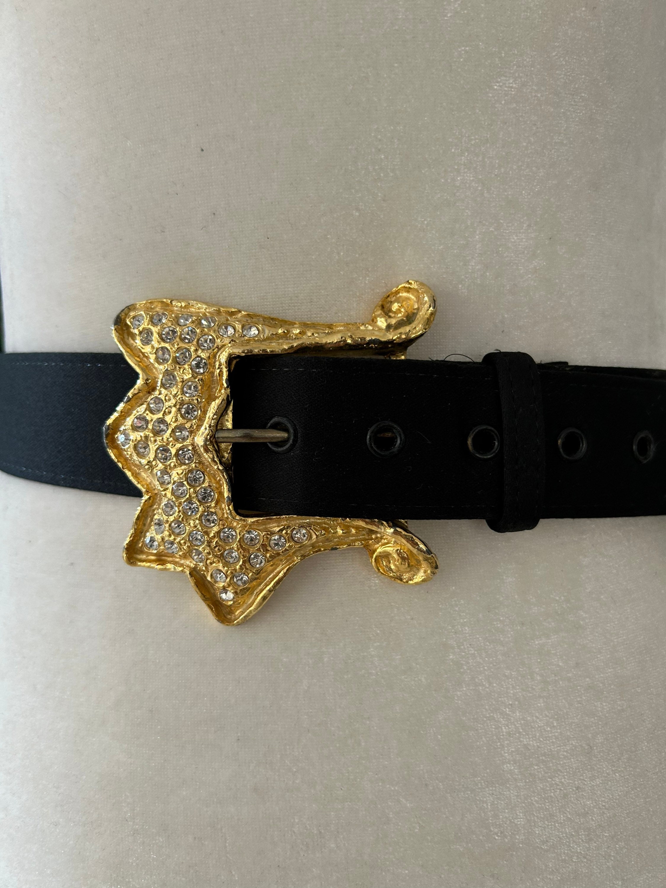 Black Satin Belt With Gold Rhinestone Buckle - Etsy