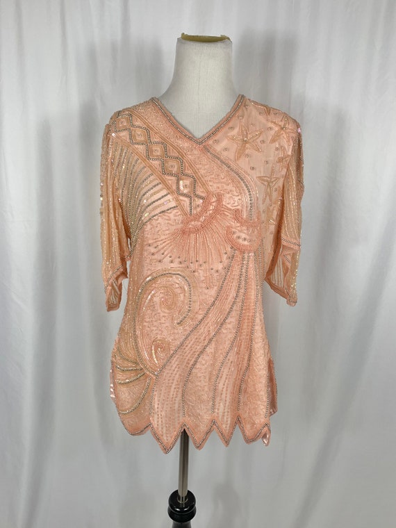 Vintage Bead and Sequin Silk Long Sleeve Blouse