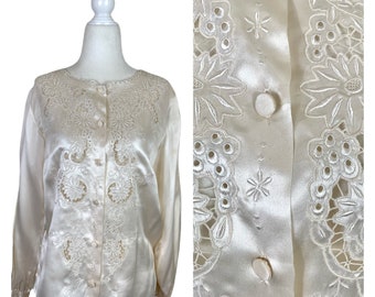 Vintage Silk Embroidered Cream Blouse