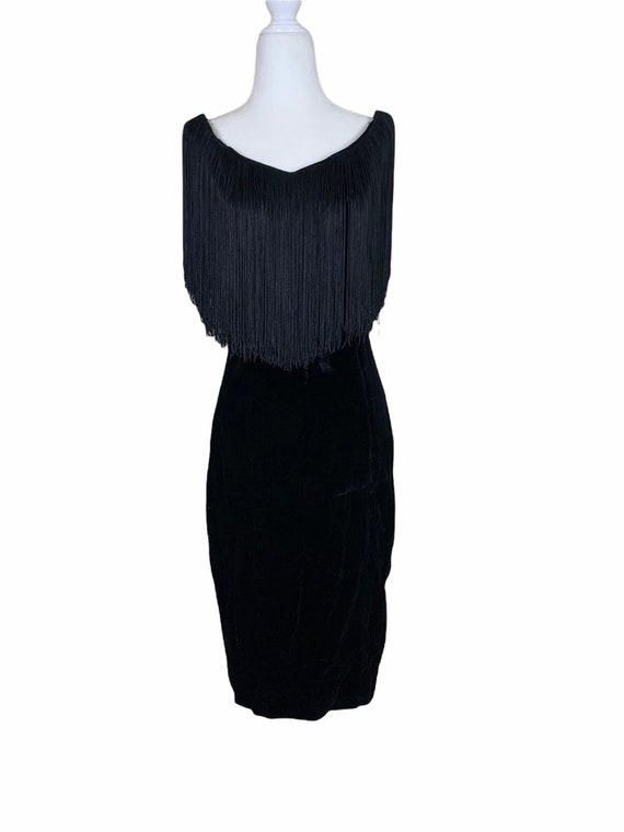 Vintage Black Velvet Fringe Wriggle Dress - image 1