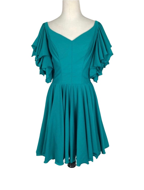 Vintage Teal Fit and Flare Ruffle Sleeve Dress - image 2