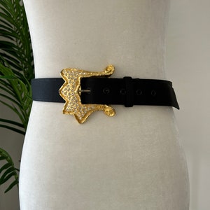 Black Satin Belt with Gold Rhinestone Buckle