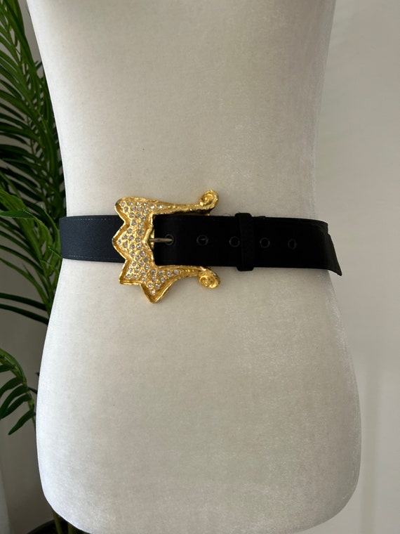 Black Satin Belt With Gold Rhinestone Buckle 