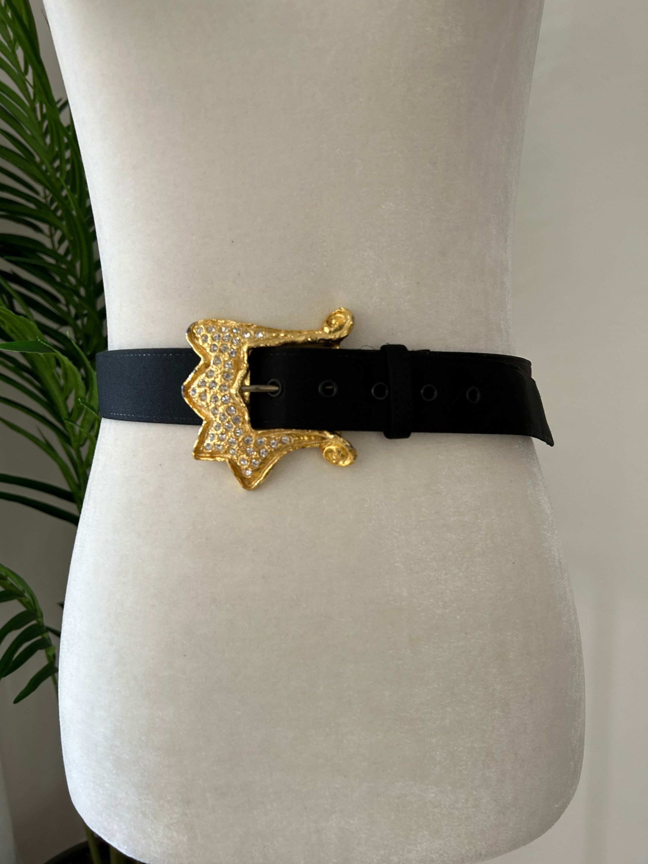Charmant Beverly Hills Black velvet stretch belt & black, gold & crystal buckle Crystal Gem Embellished Buckle Belt - Black | Boston Proper main image 3