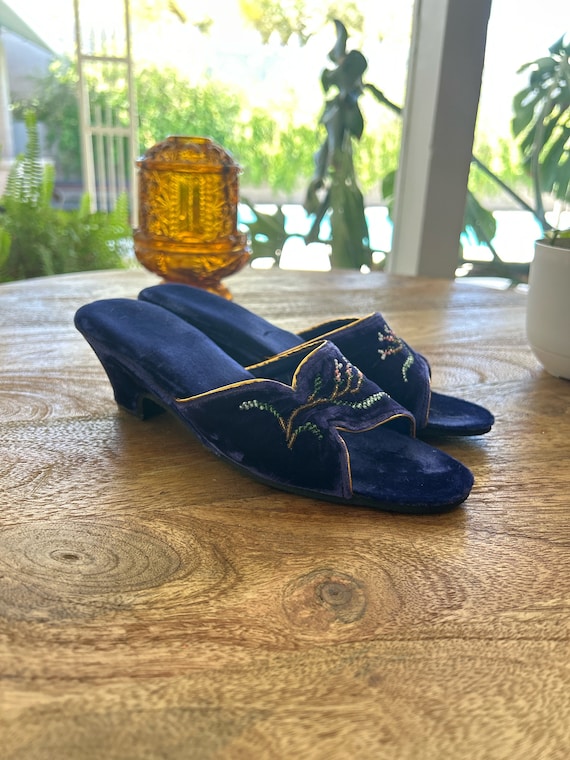 Vintage Velvet Beaded Mule Slippers