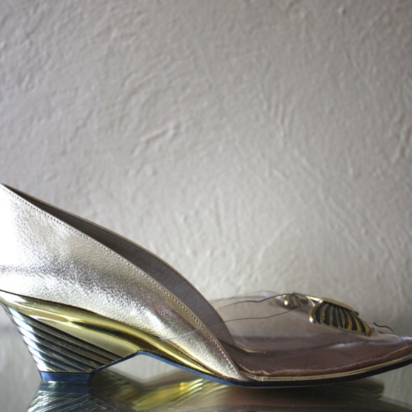 Vintage Gold and Clear Disco heels with Bows