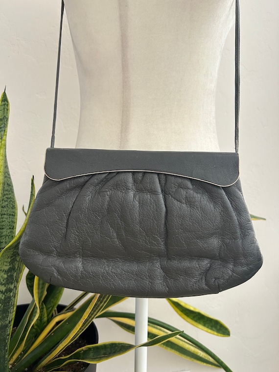 Gray Leather Crossbody Clamshell Clutch