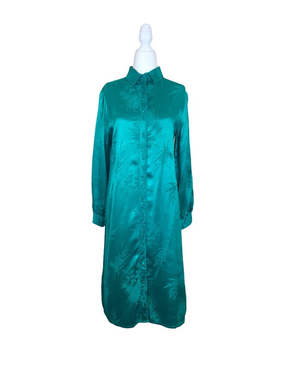 Silk Leaf Print Emerald Green Dress
