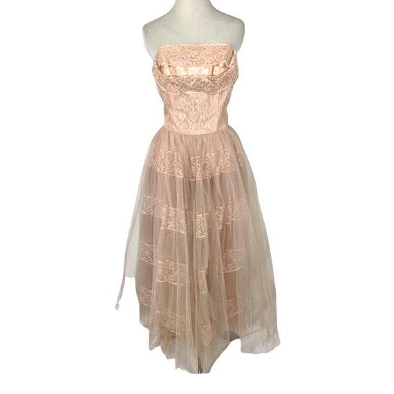 Vintage 50’s Pink Tulle Strapless Gown - image 1