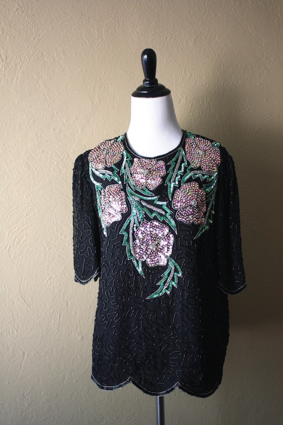 Vintage Beaded Floral Silk Blouse