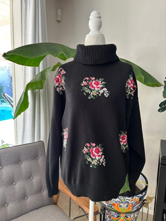 Vintage Rose Cross Stitch Turtleneck Sweater