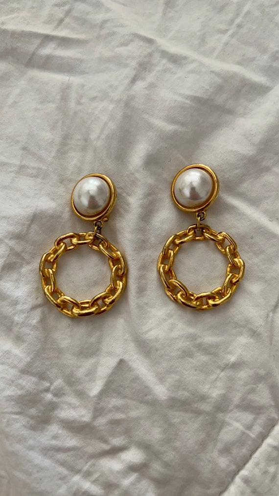 Vintage Gold Pearl and Chain Statement Earrings