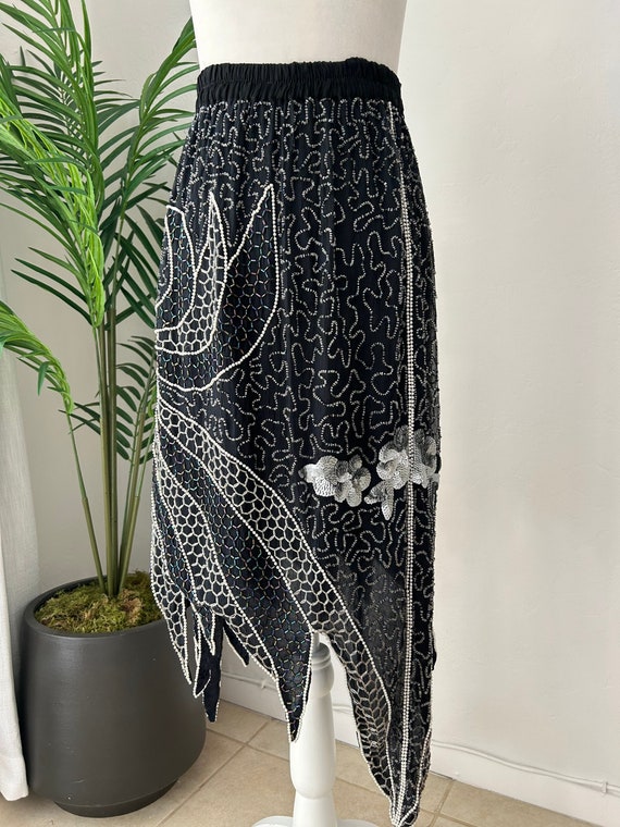 Vintage Black and White Silk Beaded Skirt - image 1