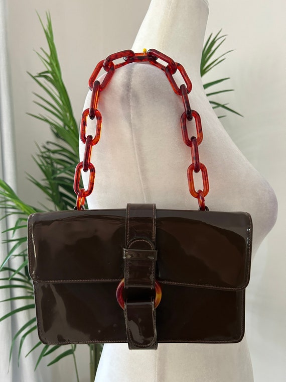 Brown Vinyl Tortoiseshell Chain Handbag