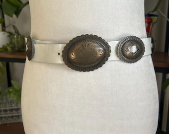 Avion International White Woven Leather Belt Silver Western Buckle Wide Boho Vintage White Leather Belt: Avion International Designer  main image 2