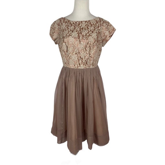 50’s Taupe Fit & Flare Chiffon Dress - image 1