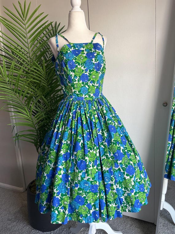 Vintage 50's Rose Print Fit and Flare Sundress - Etsy Israel