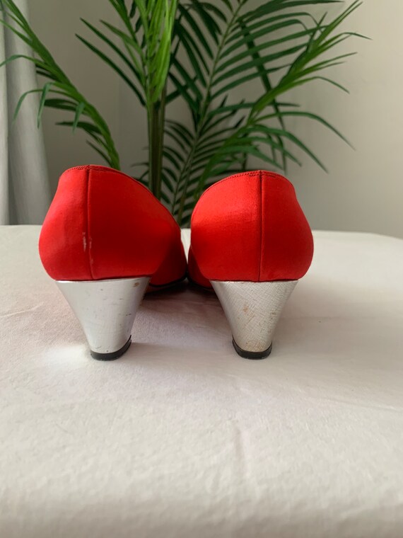 60's Delman Red Silk Satin Heels 6.5B - image 4