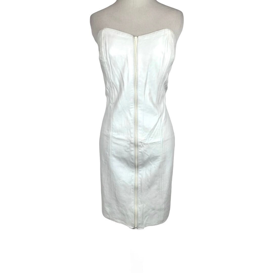 leather tie waist dress Classy Black Puffed Sleeves Waist Tie Belt Women Mini Faux Leather Dress S / White main image 0