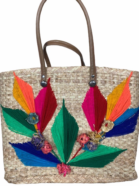 Mexican Embroidered Straw Tote Bag - image 3