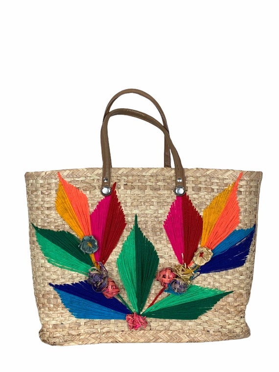 Mexican Embroidered Straw Tote Bag - image 1